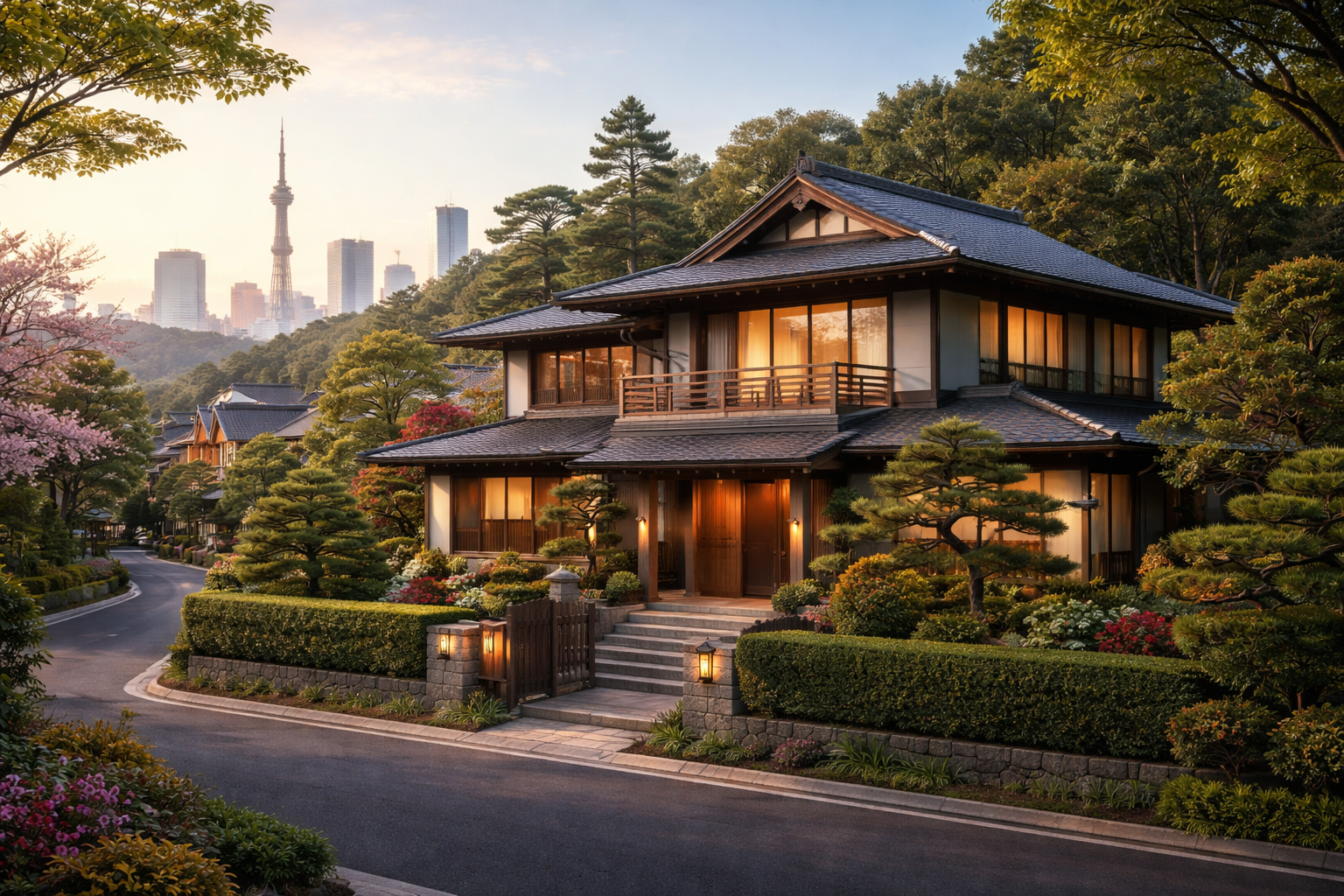 Japanese neighborhood with traditional architecture